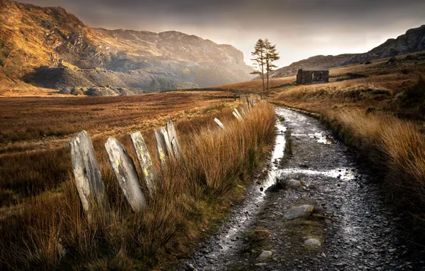 Road, mountains, ruins