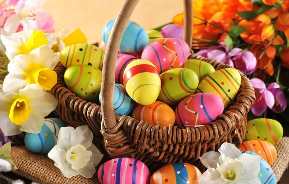 Flowers, eggs, spring, colorful, Easter, happy, wood, flowers