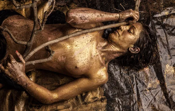 Sand, erotic, chest, girl, drops, branches, face, pose