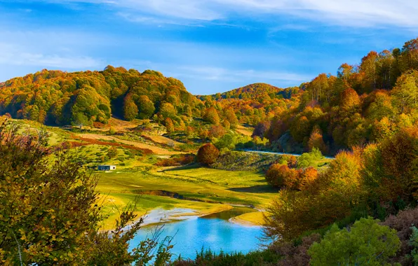 Autumn, forest, lake, hills