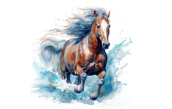 Wave, face, water, horse, horse, watercolor, white background, painting