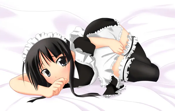 The maid, apron, ruffles, Mio Akiyama, Light music, K-on!, lying on the bed