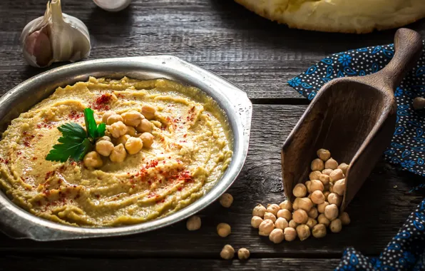 Picture greens, garlic, appetizer, hummus