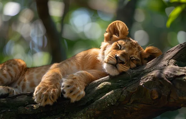 Kitty, Leaves, Cub, Predator, Lion, Digital art, Big cat, Face
