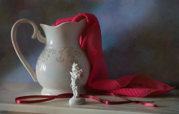 Angel, tape, dishes, figurine, still life, the milkman