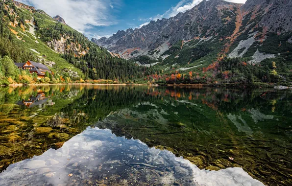 Autumn, mountains, lake, house, reflection, Slovakia, Slovakia, High Tatras