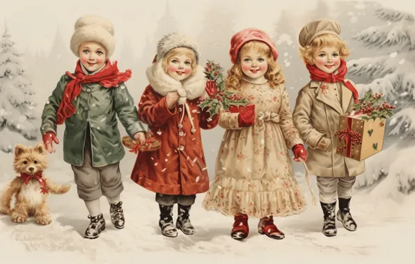 Winter, snow, children, retro, Christmas, gifts, New year, vintage