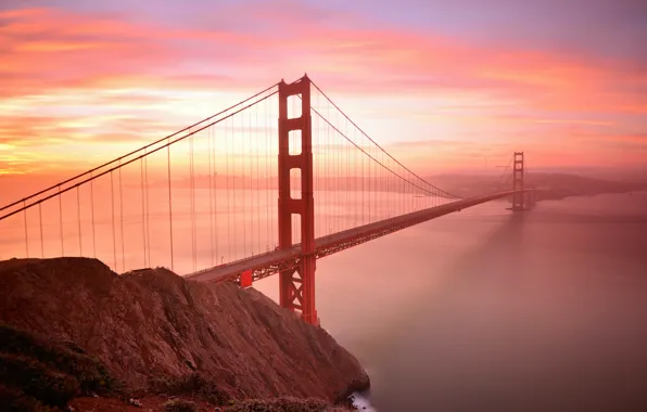 The sky, clouds, sunset, bridge, Bay, San Francisco, Golden gate