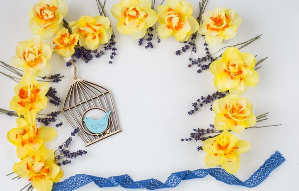 Picture flowers, tape, lavender, daffodils, composition, Julija Vilvarin
