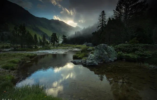 Picture trees, mountains, nature, reflection, river, Agnеs Perrodon