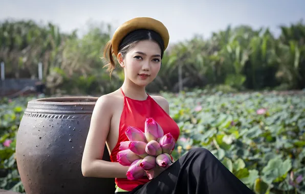Look, Asian, Lotus, a bouquet of flowers, big Breasts, look, asian, lotuses