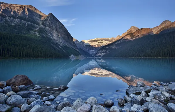 Picture the sky, trees, sunset, mountains, nature, lake, reflection, stones