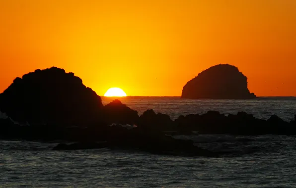 Picture sea, sunset, horizon, island, orange sky