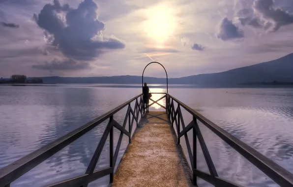 Landscape, sunset, bridge, lake