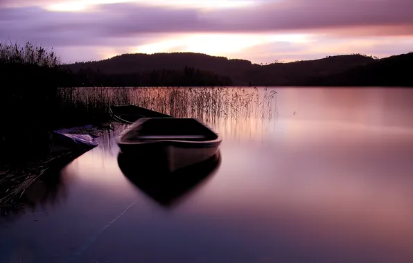 The sky, sunset, lake, boat