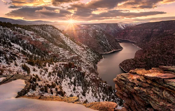 Winter, snow, nature, river, dawn, canyon