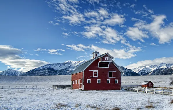 Winter, field, landscape, mountains, house