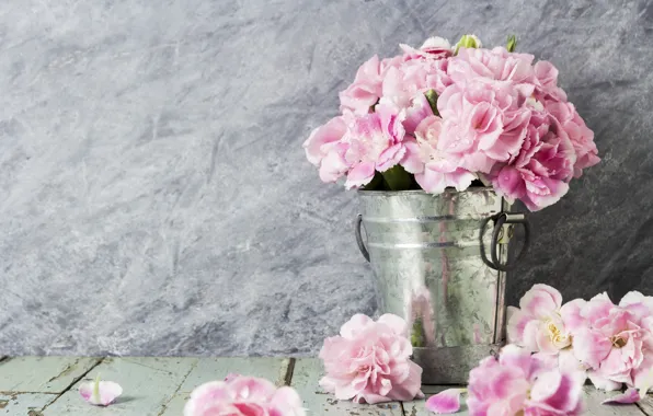 Flowers, petals, bucket, pink, vintage, wood, pink, flowers