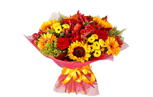 Sunflowers, flowers, yellow, red, roses, bouquet, white background, gerbera