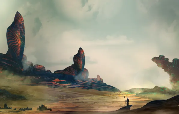 Mountains, Figure, Rocks, People, Warrior, Landscape, Art, Fiction