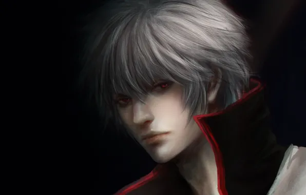 The dark background, guy, red eyes, white hair, Gintama, Sakata Gintoki