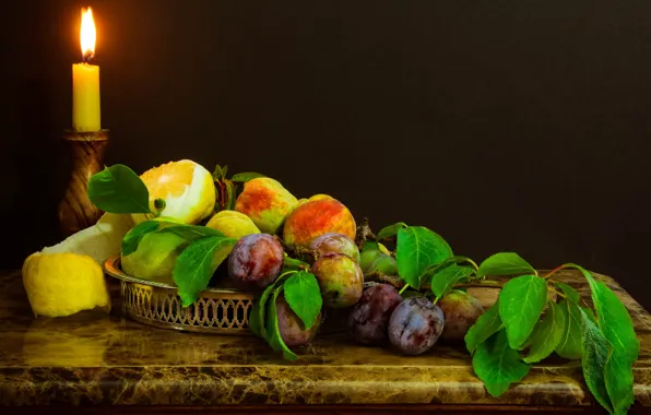 Picture lemon, candle, branch, fruit, still life, peaches, plum