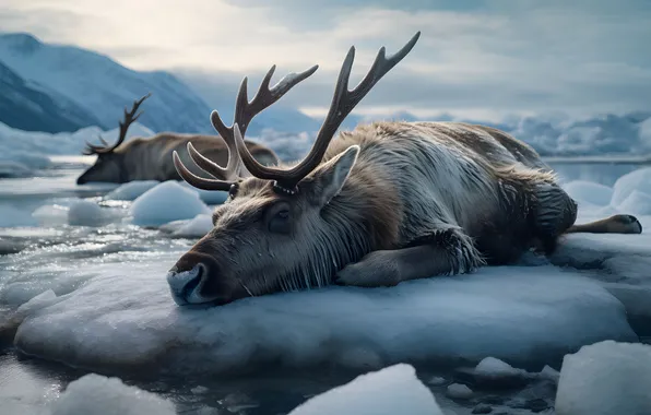 Picture Water, Ice, Two, Horns, Deer, Digital art, AI art, The Art of Artificial Intelligence