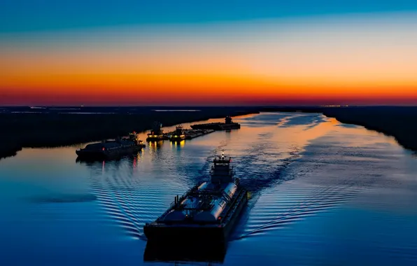 Sunset, The evening, Court, The ship, River, Tanker, by Pixabay, Pixabay