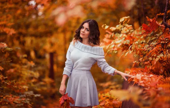Autumn, look, leaves, girl, Park, photo, sweater, Xenia