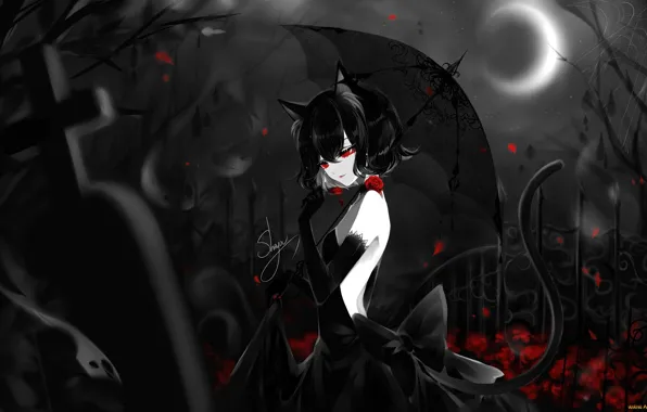 Cemetery, black dress, red eyes, headstone, lunar Eclipse, black cat, neko girl, under the umbrella