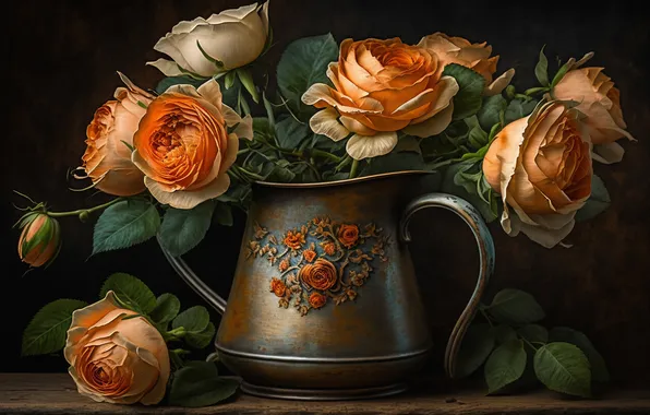 Leaves, flowers, the dark background, Board, roses, bouquet, pitcher, orange
