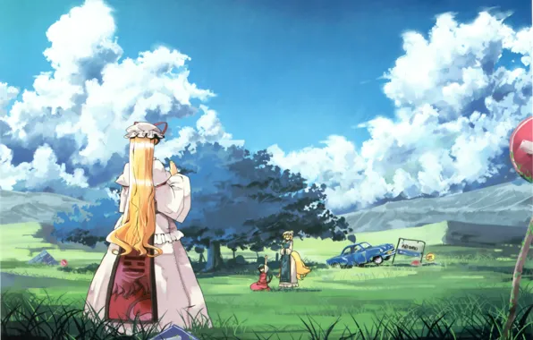 Auto, grass, clouds, tree, picnic, long hair, touhou, art