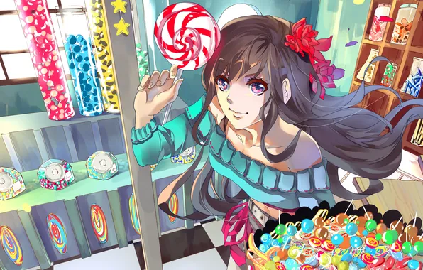 Girl, flowers, candy, sweets, candy, aiki-ame