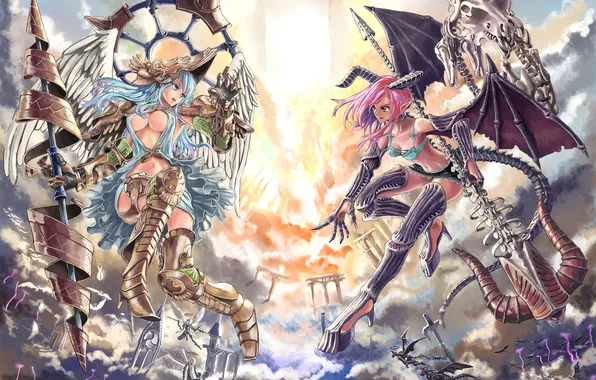 Picture clouds, weapons, girls, wings, angel, art, demoness, in the sky