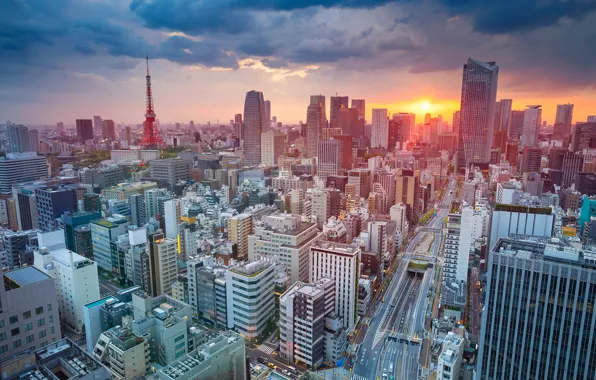 Clouds, sunset, tower, home, Japan, Tokyo, panorama