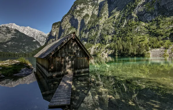 Picture trees, mountains, Germany, Bayern, house, lake Königssee