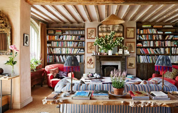 Picture design, style, interior, fireplace, library, living room, England home