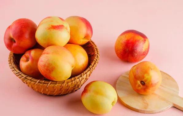 Bowl, fruit, peaches, pink background, network, composition, nectarines, cutting Board