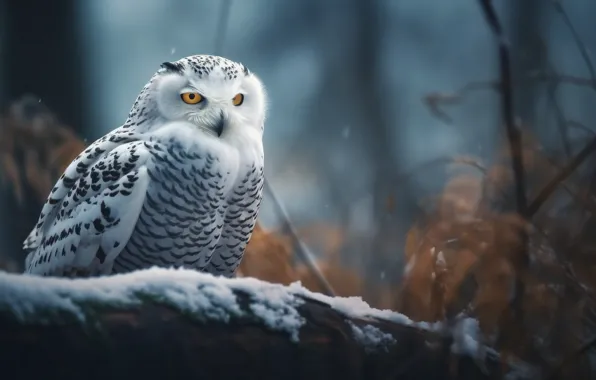 Winter, forest, look, snow, branches, tree, owl, bird