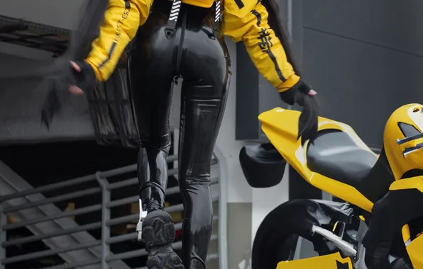 Latex, Asian, Model, Bike, Woman, Back, Behind, Shoes