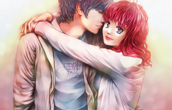 Picture eyes, girl, love, the inscription, Mike, guy, hugs, red hair