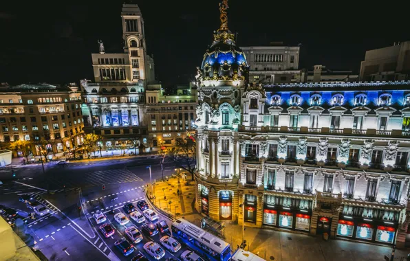 Road, auto, machine, building, crossroads, night city, Spain, Madrid