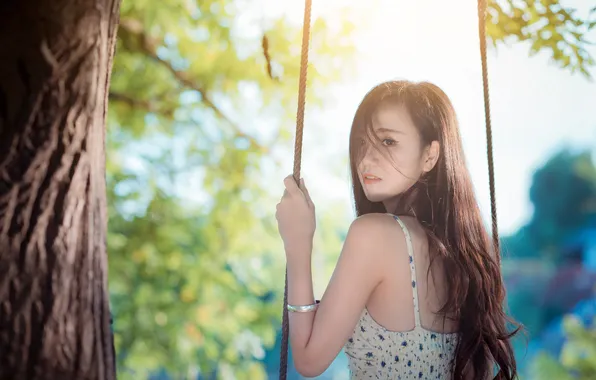 The sun, trees, pose, swing, model, portrait, makeup, dress