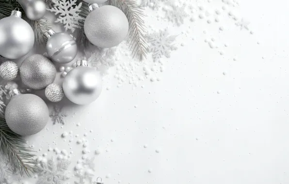 Balls, branches, silver, Christmas, white background, New year, needles, light background