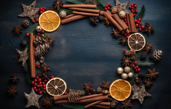 Stars, balls, branches, berries, the dark background, Board, oranges, fruit
