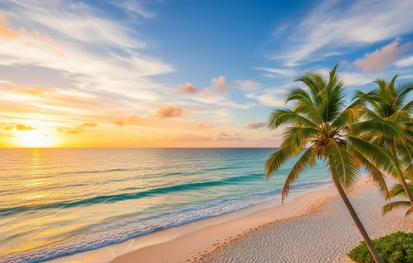 Beach, summer, the sky, water, the sun, clouds, sunset, tropics