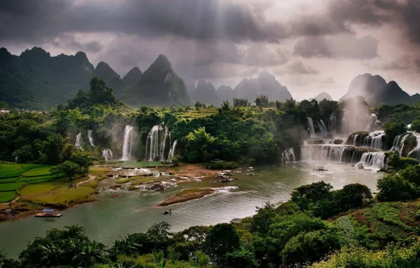 River, waterfalls, Vietnam, river, Vietnam, waterfalls, sunbeam, sunbeams