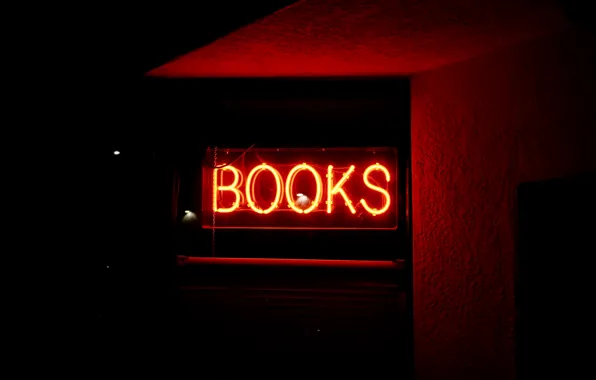 Light, red, books, neon, sign, the word