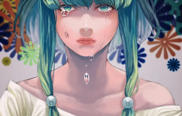 Picture eyes, girl, flowers, face, anime, tears, art, vocaloid