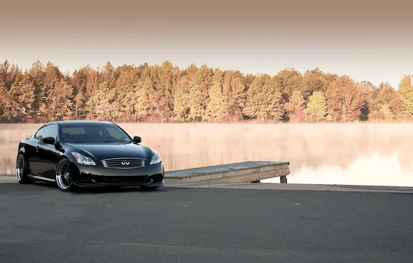 Picture autumn, trees, lake, photo, infiniti, cars, auto, otrozhenie